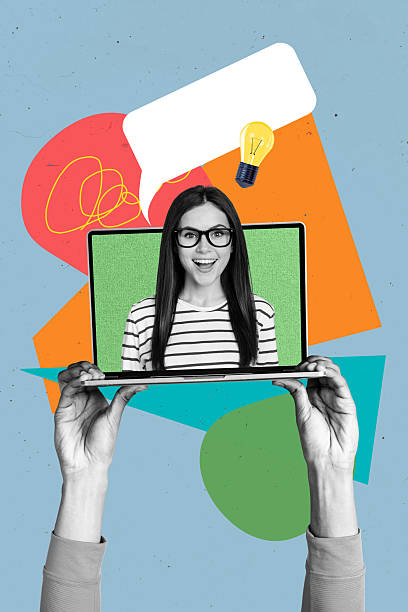 istock Composite trend sketch photo collage of speech bubble textbox mind cloud message had hold huge laptop smart lady appear display idea lamp 2218410056