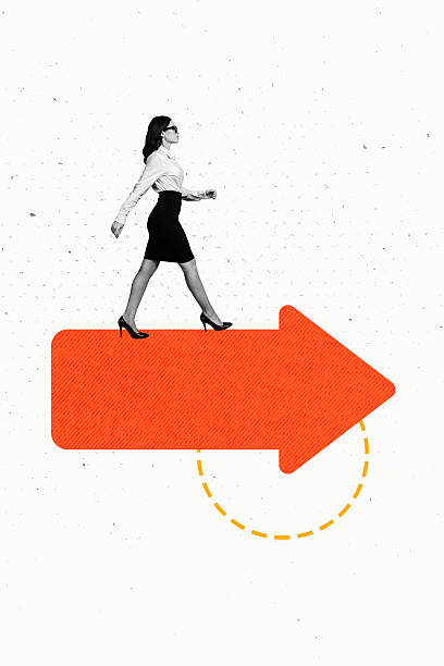 istock Vertical composite artwork collage image picture of mini elegant lady walk big arrow isolated on creative background 2218410225