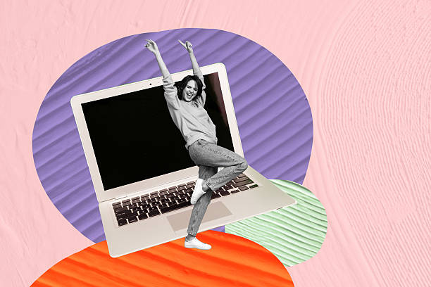 istock Sketch image trend artwork composite photo collage of office workspace huge laptop display levitate remote job young woman model posing 2218411814