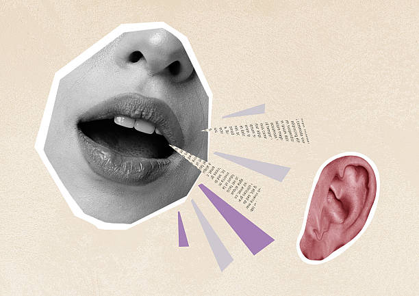 istock Communication between mouth and ear illustrated through creative collage art in a soft color palette 2218412361