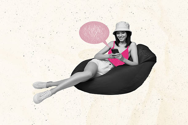 istock Composite trend artwork sketch photo collage of speech bubble textbox mind cloud message young woman sit beanbag smile happy dialog 2218417103