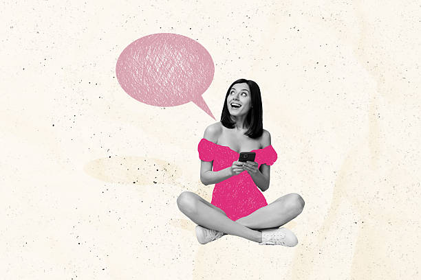istock Composite trend artwork sketch image photo collage of speech bubble textbox mind cloud message young lady hand hold smartphone smile happy 2218417105