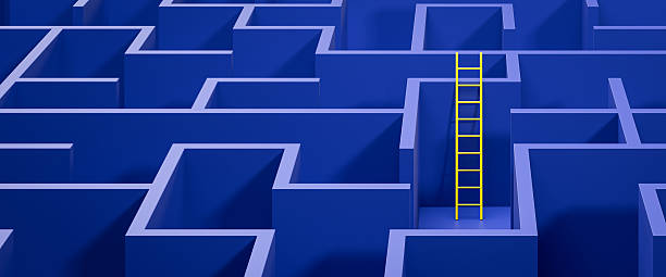 istock Concept - solving a complex problem by thinking out of the box or cheating. Blue maze and floor with a yellow ladder leaned against the wall. Web banner format 2218418569