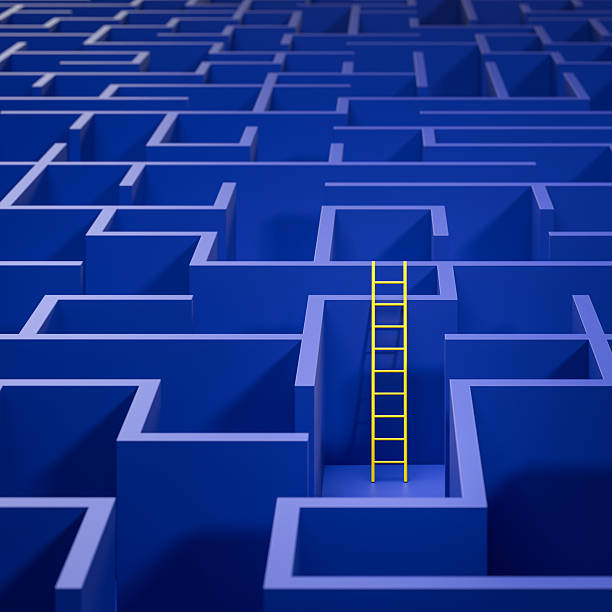 istock Concept - solving a complex problem by thinking out of the box or cheating. Blue maze and floor with a yellow ladder leaned against the wall. Selective focus 2218418589