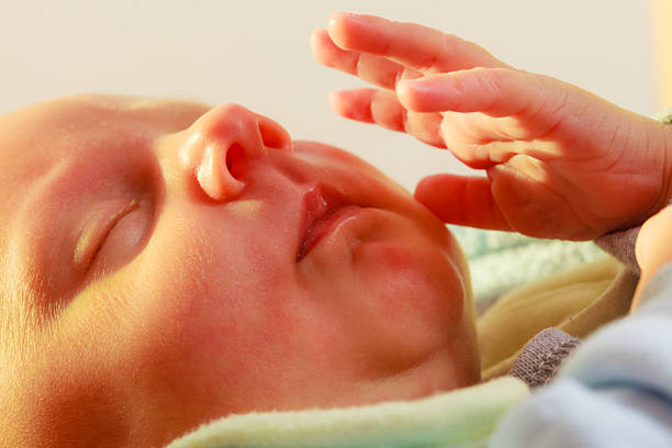 Infant care, beauty of childhood concept. Little newborn baby sleeping calmly in bed surrounded with blankets
