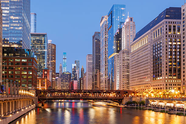 Scenic view of downtown Chicago during sunset with iconic skyscrapers