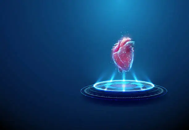 Herz auf futuristischem Podium mit Neonlicht und Lichtstrahlen. Kardiologie, Kunstherz, Medizintechnik, Biotech-Innovation, digitales Gesundheitskonzept. Herz auf futuristischem Podium mit Neonlicht und Lichtstrahlen. Kardiologie, Kunstherz, Medizintechnik, Biotech-Innovation, digitales Gesundheitskonzept.