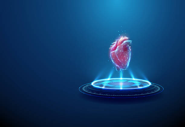 istock Heart on futuristic podium with neon lighting, light beams. Cardiology, artificial heart, medical technology, biotech innovation, digital health concept. 2218427529