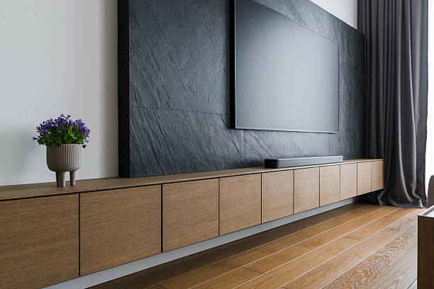 Scandinavian design home interior, minimalistic living room with natural wood details.