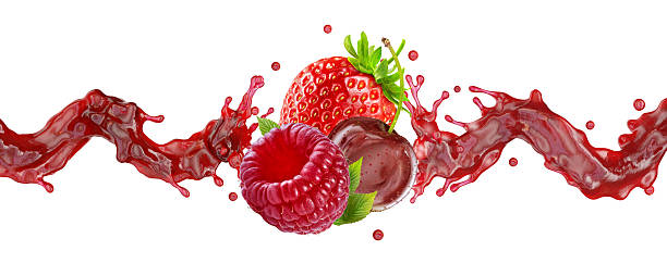 istock Raspberry, strawberry, and cherry with red juice splash on white background. 2218431262