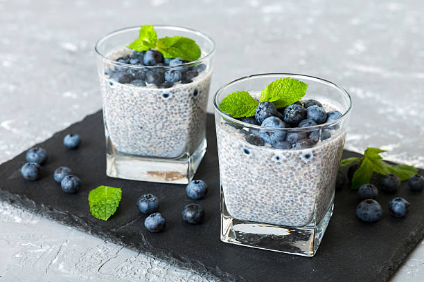 istock Healthy breakfast or morning with chia seeds vanilla pudding and blueberry berries on table background, vegetarian food, diet and health concept. Chia pudding with coconut milk and blueberry 2218440251