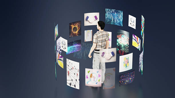 3D man surrounded with rotating device screens in a futuristic setting. 3D illustration.