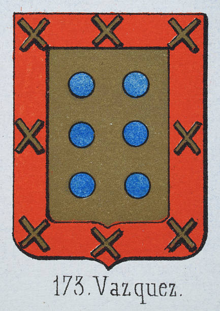 istock Medieval heraldry, Coat of arms, Shield with Six, Blue, Dots, Red, Border, Gold, Cross, Spanish, Vintage illustration 2218449693
