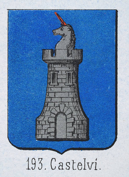 Medieval heraldry, Coat of arms, Shield with Silver, Unicorn, Castle, Blue, Spanish, Vintage illustration