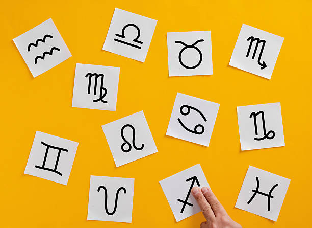 Hand of an astrologer skillfully arranging zodiac signs on a vibrant yellow background, capturing the essence of astrology and mysticism