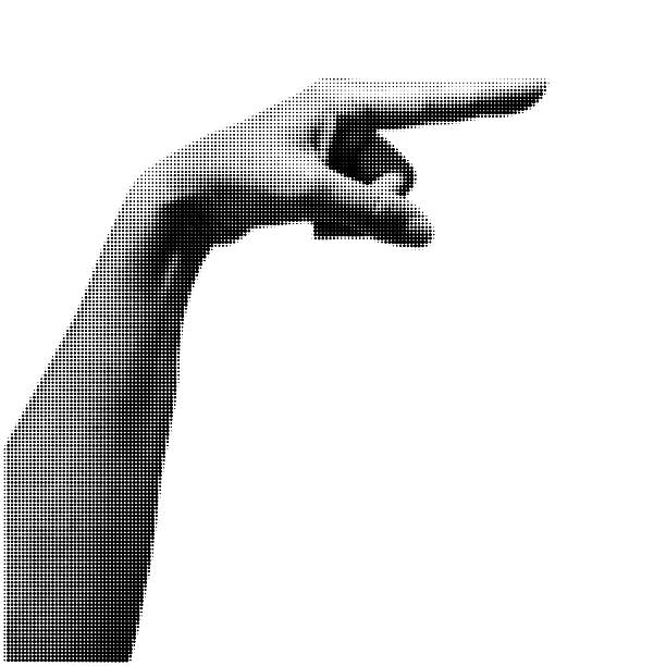 istock Human hand in dotted halftone pop art style pointing on the right. Halftone woman hand isolated on transparent background. 2218450990