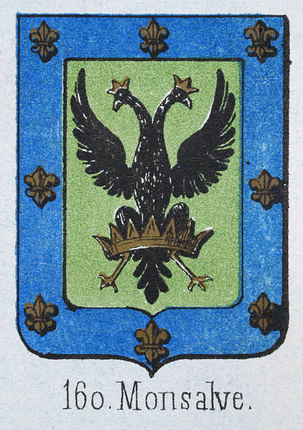 istock Medieval heraldry, Coat of arms, Shield with Black, Double headed eagle, Crown, Spanish, Vintage illustration 2218451725