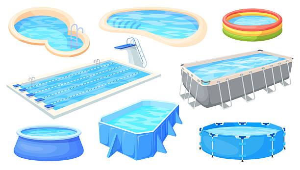 istock Cartoon inflatable pools. Different swimming pool type for backyard sport olympic kid summer party fitness gum yard patio swim float outdoor beach vacation neat vector illustration 2218452320