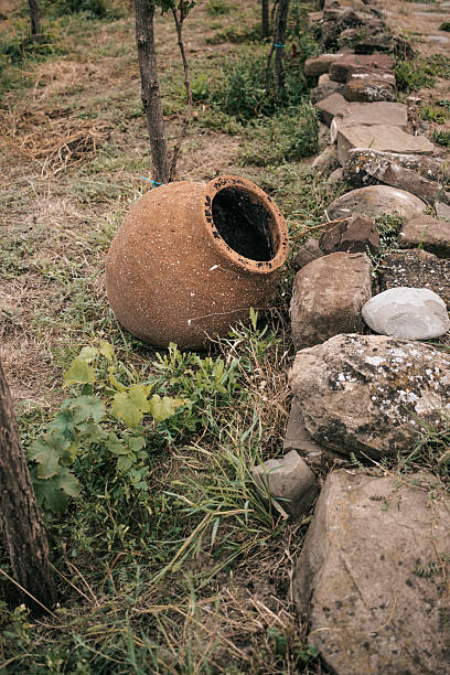 An old clay qvevri, used for traditional Georgian wine-making, lies on the ground near a stone-lined vineyard path. Surrounded by grass and rocks, this scene captures the rustic agricultural charm and deep-rooted viticulture heritage of Georgia.