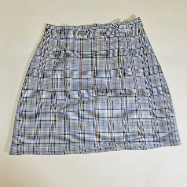 istock Gray plaid skirt with subtle brown and blue lines 2218457017