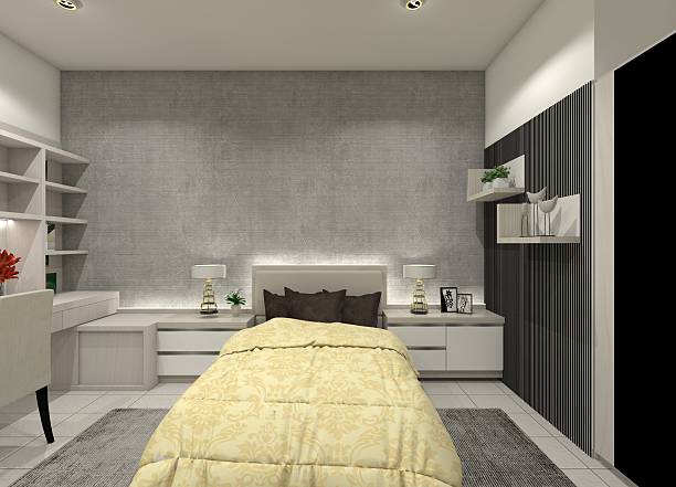 istock A 3D interior design for a semi-industrial bedroom, featuring a minimalist panel headboard and bedside tables 2218458203