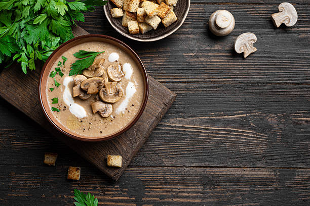 istock Mushroom cream soup with croutons 2218458860