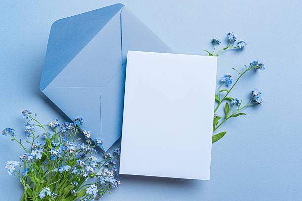 istock Greeting card and envelope design with blue forget-me-not flowers 2218459098