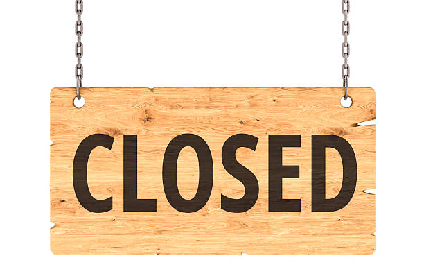 istock CLOSED Wooden Sign Hanging on Chains, 3D Rendering 2218460544