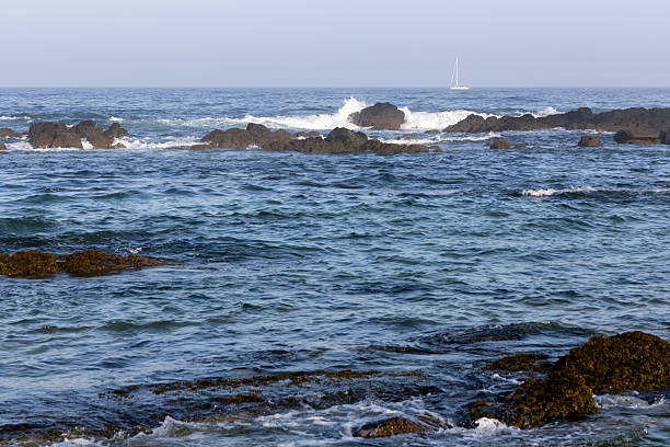 The image shows a wide shot of a body of water with waves breaking against dark rocks along the shore. The water is predominantly blue and turquoise, with whitecaps visible where the waves are