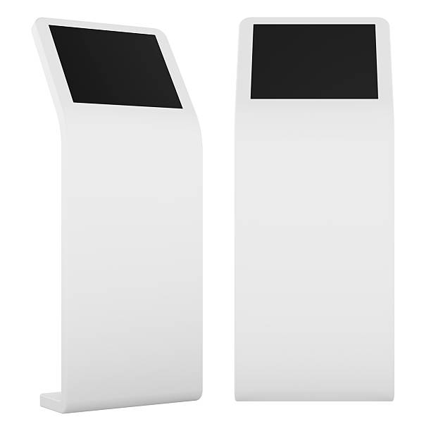 istock Modern blank self-service kiosk terminal mockup, white display stand. 3D rendering 2218461643