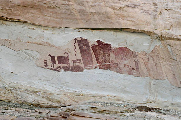 Temple Mountain UT. USA- May 26, 2025: Ancient Rock Pictographs are visible in the Desert Southwest of USA. These are visible along the road to Temple Mountain.