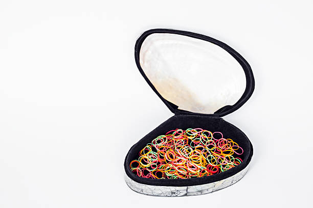 Close up taken of colorful hair rubbers in the mussel shaped box.Space for text.