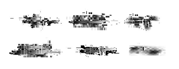 Pixel glitch distortion textures Pixel glitch distortion textures - black and white grainy noise and random squares. Horizontal scanlines and digital artifacts. Retro futuristic elements set for overlay design in cyberpunk style. problems stock illustrations