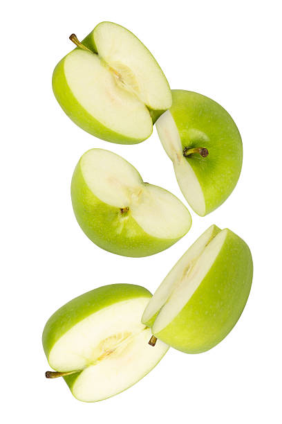 istock Falling Green Apple isolated on white background with clipping path, full depth of field 2218469336