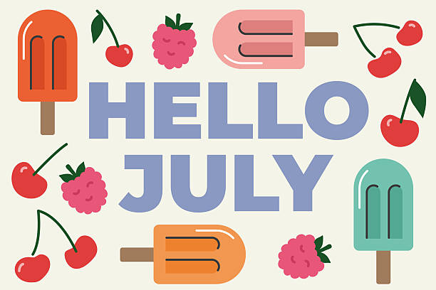 hello july text with ice cream, cherry and raspberry icons- vector illustration
