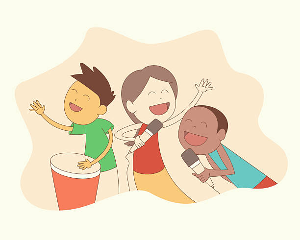 Happy children singing with microphone, playing bongo drum hand drawn, children, singing, microphone, play, bongo, drum, artists, beautiful, cartoon, celebration, childhood, cute, diversity, drawing, entertainment, expression, festival, friends, fun, group, happy, holiday, joyful, karaoke, kids, leisure, music, musical, musician, young, people, performance, show, song, talent, three, vocal training, vector, illustration, isolated cartoon of a african bongo drums stock illustrations