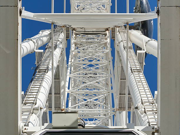 istock White Ferris Wheel with Gondolas against Blue Sky 2218478538