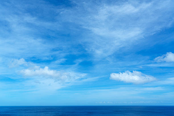 Beautiful clear blue skies with scattered white clouds overlooking a serene Mediterranean Sea, evoking a sense of calmness and relaxation, originality captured near Lipari Island in Sicily.