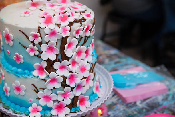 A Japanese flower birthday cake at a 6 year olds birthday.