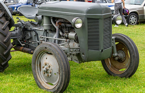classic gray Ferguson TE20 tractor displayed on grass during a vintage vehicle show.