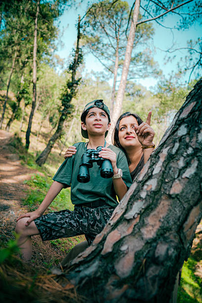 An Indian mother and son enjoy birdwatching in a sunlit pine forest. The boy holds binoculars while his mother points toward the treetops. They share a moment of discovery and exploration outdoors.