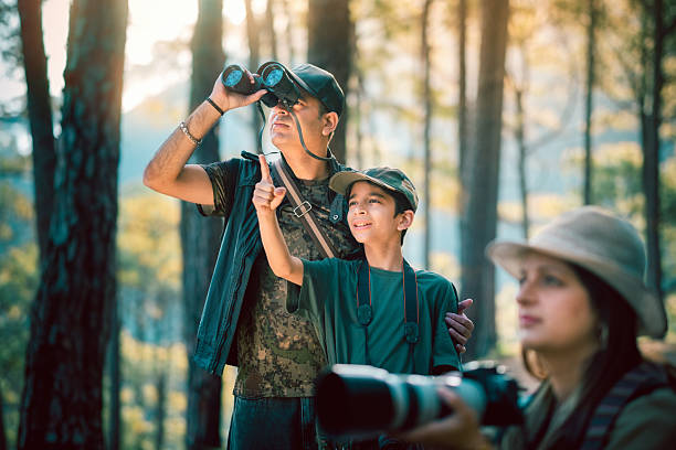 istock Family's birdwatching expedition in a sunlit forest. 2218486218