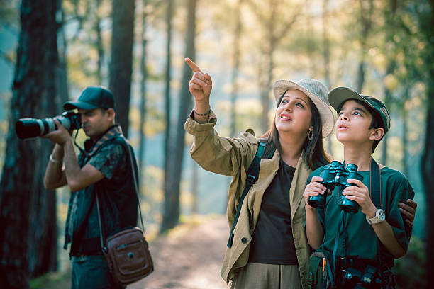 istock Family's birdwatching expedition in a sunlit forest. 2218486219