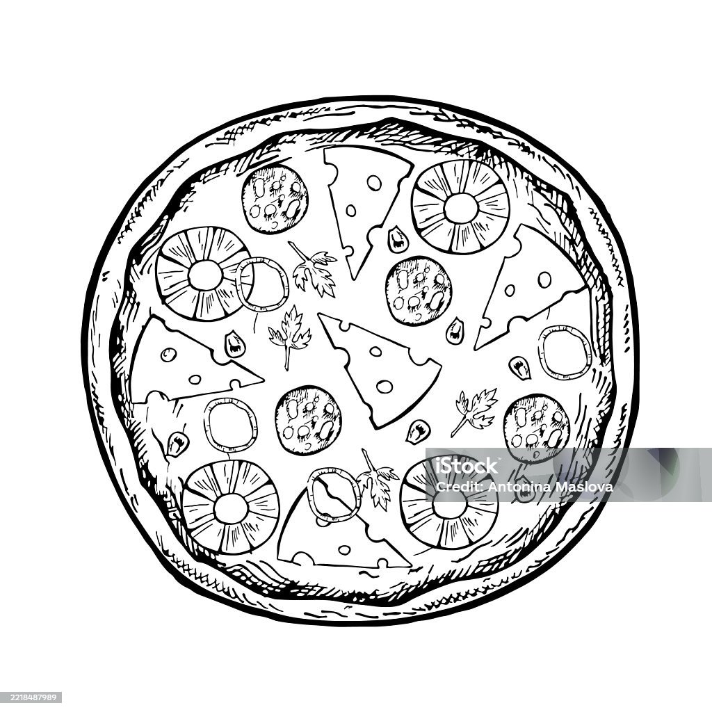 Celá kulatá pizza s ananasem. Vektorová grafika, černobílé ručně kreslené ilustrace. Izolovat na bílém pozadí. Pro recepty, menu, výzdobu pizzerie, obaly a další - Bez autorských poplatků Ananas vektorové obrázky Celá kulatá pizza s ananasem. Vektorová grafika, černobílé ručně kreslené ilustrace. Izolovat na bílém pozadí. Pro recepty, menu, výzdobu pizzerie, obaly a další - Bez autorských poplatků Ananas vektorové obrázky