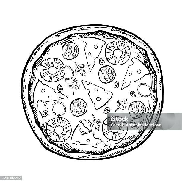 Stock ilustrace Celá Kulatá Pizza S Ananasem Vektorová Grafika Černobílé Ručně Kreslené Ilustrace Izolovat Na Bílém Pozadí Pro Recepty Menu Výzdobu Pizzerie Obaly A Další – stáhnout obrázek nyní