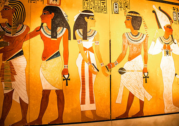 Bratislava, Slovakia - December 14, 2014: Paintings at Tutankhamun's tomb at the Tutankhamun exhibition