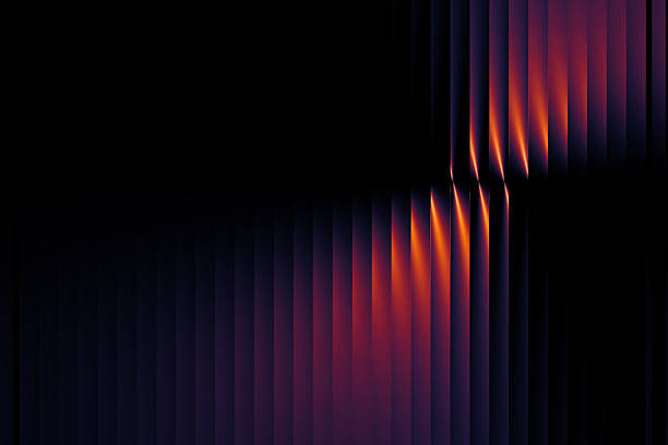 Abstract design featuring ribbed, vertical patterns with a gradient of yellow, pink, and purple hues against a black background. The lighting and refractions create a sense of depth and motion, with highlights emphasizing the colors. The composition gives a fractal-like appearance, enhancing the dynamic energy of the pattern.