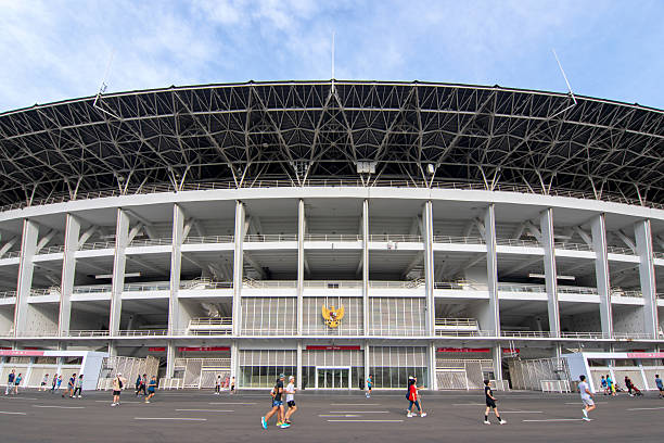 Beautiful grass soccer stadium for use in football match and athletics with a large spotlight and a beautiful sky in the background.