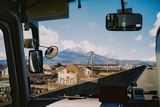 Fuji mountain visible through the bus window during experiential  trip to Japan
