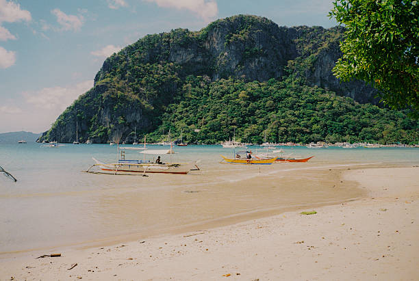 Tropical island in the Philippines on a sunny day. In the foreground, a traditional Filipino white boat takes center stage, peacefully floating in the pristine waters of a crystal clear sea lagoon. In the distance, the island reveals its scenic beauty with lush hills adorned in abundant tropical plants. The vibrant blue sky above is adorned with fluffy clouds, completing the picturesque scene.